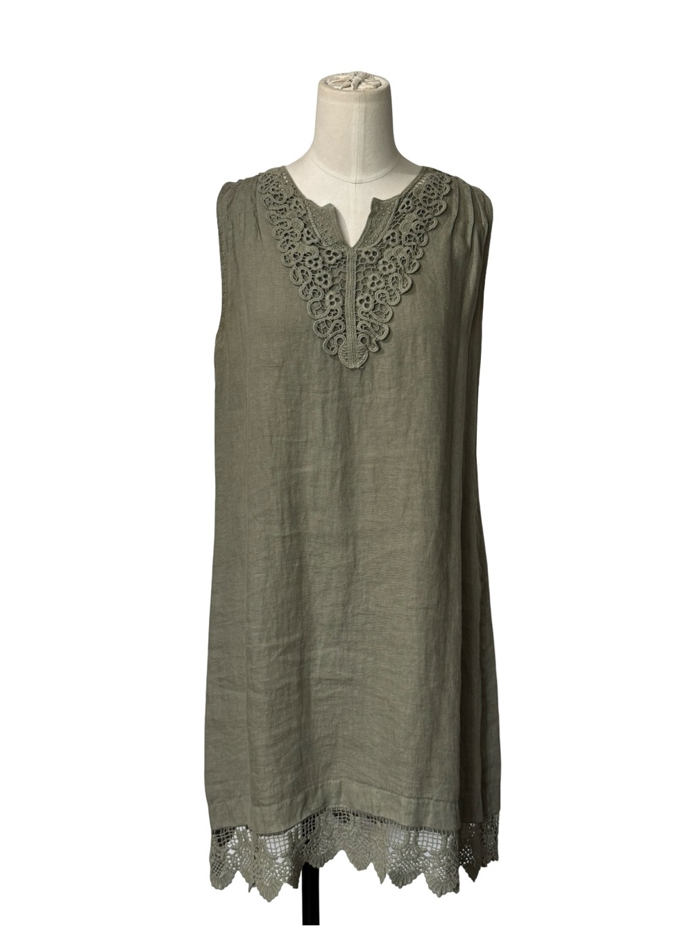 Carla Conti Made in Italy 100% Linen Olive Green Lace Trim Shift Dress S
